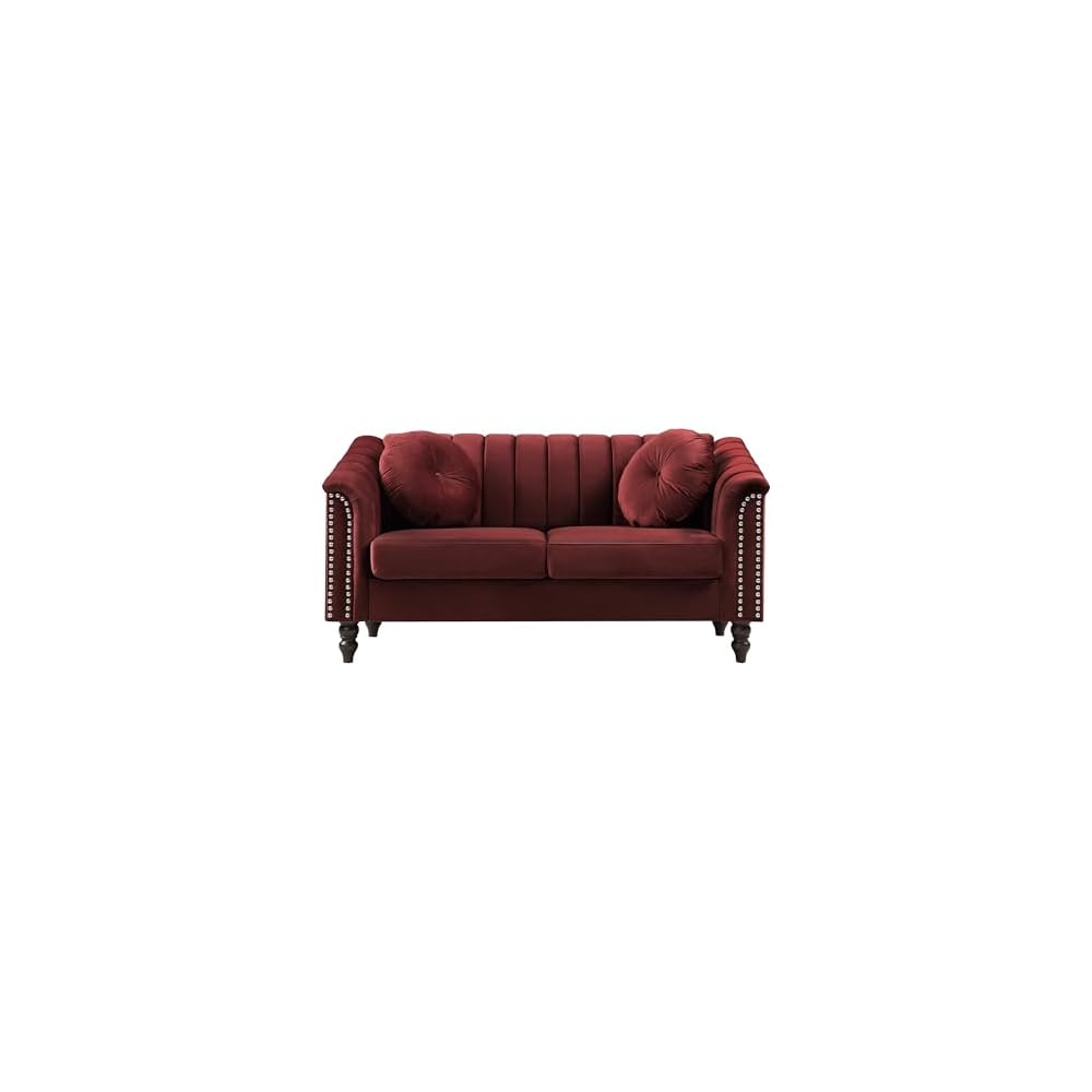 60" Loveseat Sofa, Microfiber Chesterfield Upholstered Sofas Love Seat, Couch Chair Sets with Style Button Tufted, Scroll Arms and Nailhead for Living Room, Office, Apartment-Red