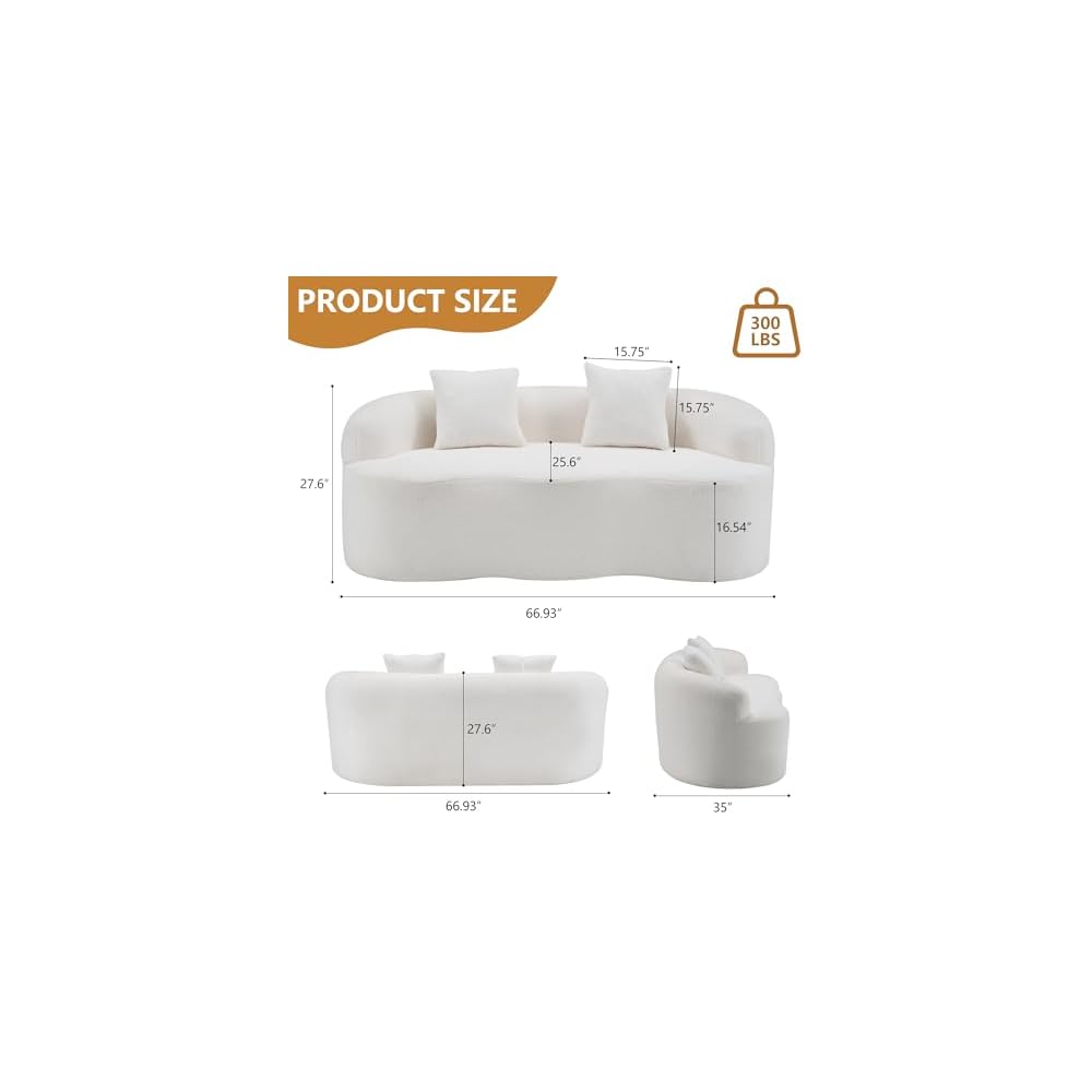 67”Curved Loveseat Sofa for Living Room, Deep Seat Love Seat Couch with 2 Throw Pillows, Modern Loveseat Adopt Teddy Fabric, Suitable Small Spaces The Cloud Loveseat, No Assembly Needed, White