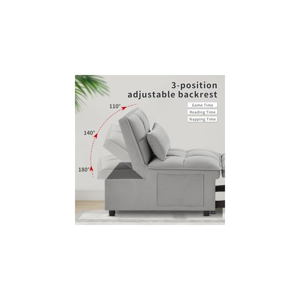 Gray 3 in 1 Convertible Chair Sleeper Bed Single Recliner Hide a beds Chairs for Adults with Pullout Bed Side Pocket Adjustable Backrest and Pillows Velvet Bedroom Foldable Couch