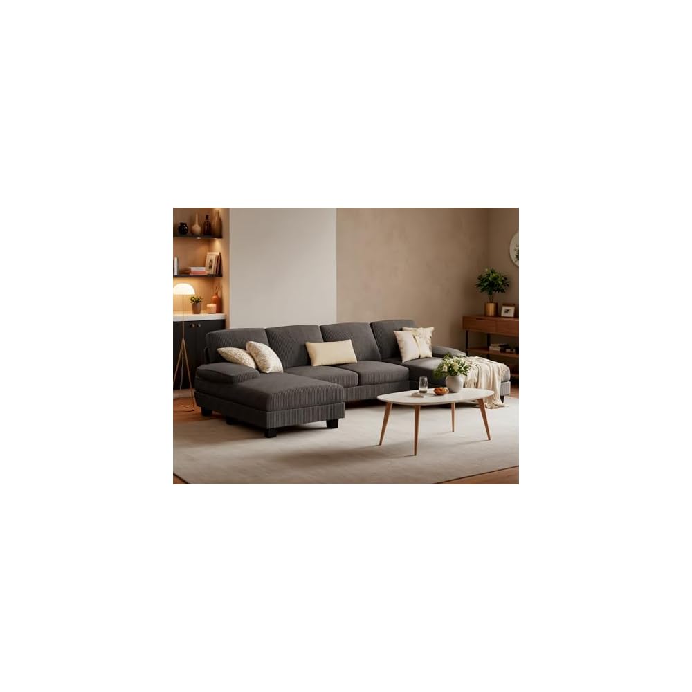 Furniwell Convertible Sectional Sofa Couch, 4 Seat Sofa Set for Living Room U-Shaped Modern Fabric Modular Sofa Sleeper with Double Chaise & Memory Foam (Corduroy, Deep Grey)