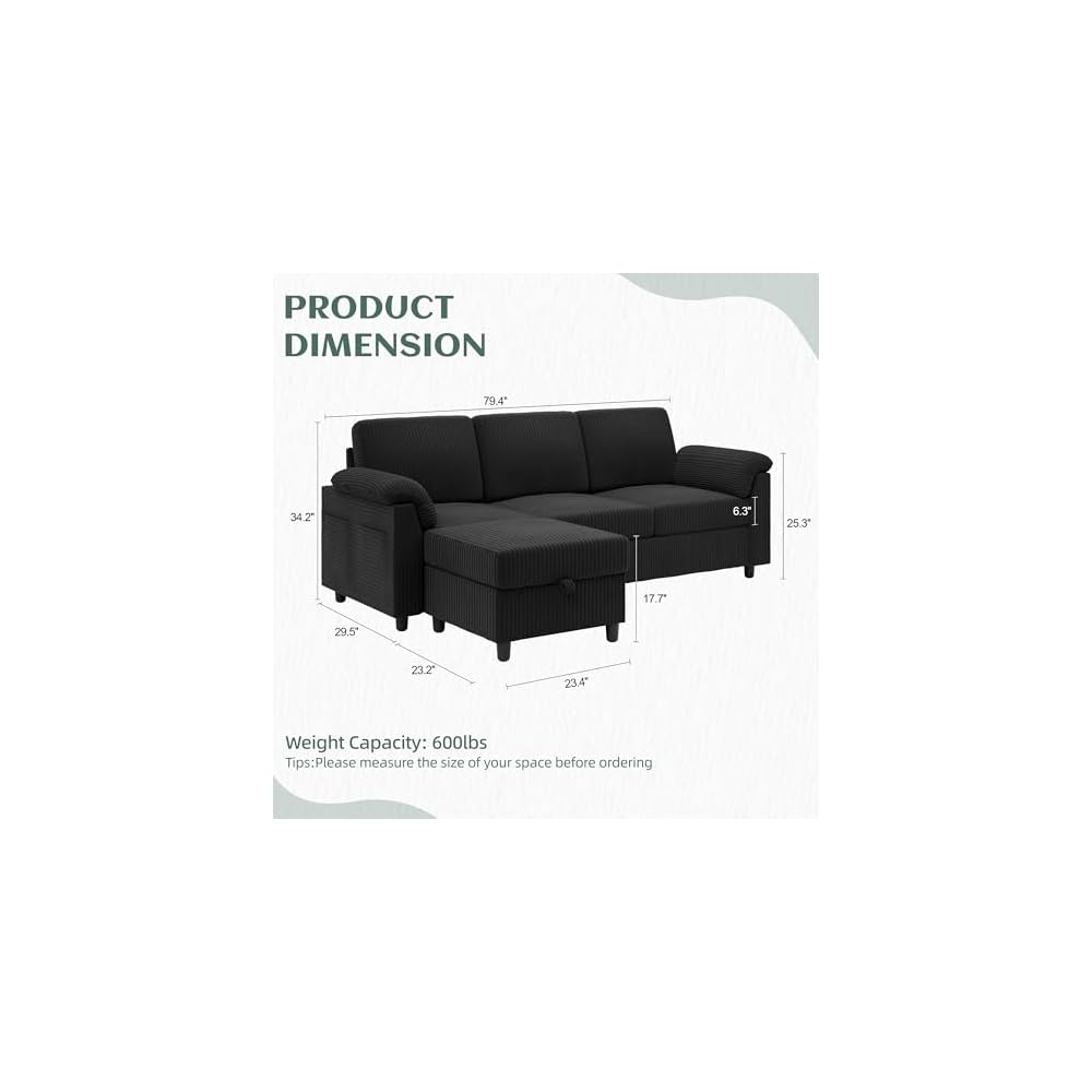 Vongrasig 79" Convertible Sectional Couches Sofa with Storage Ottoman, 3 Seat L Shaped Couch with Side Storage Pockage, Small Couches for Living Room, Apartment and Small Space, Black