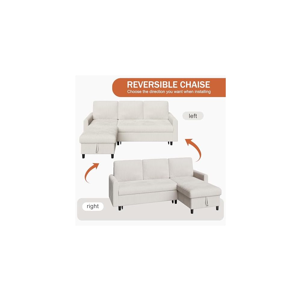 Vongrasig Convertible Sleeper Sofa, Pull Out Couch with Storage, 77" L-Shaped Sofa Bed with Storage Chaise Corduroy Fabric for Living Room, Apartment, Small Space, White