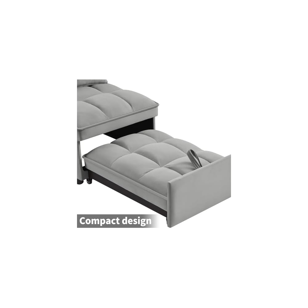 Gray 3 in 1 Convertible Chair Sleeper Bed Single Recliner Hide a beds Chairs for Adults with Pullout Bed Side Pocket Adjustable Backrest and Pillows Velvet Bedroom Foldable Couch