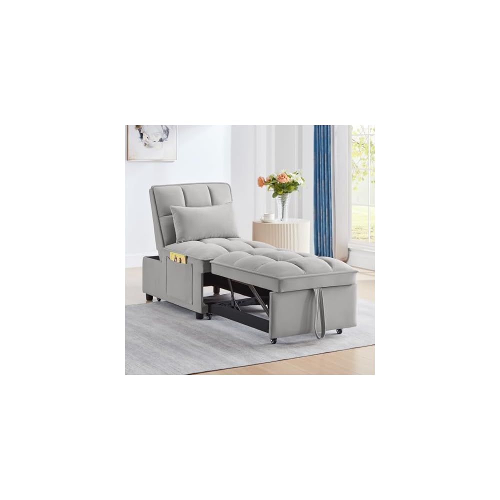 Gray 3 in 1 Convertible Chair Sleeper Bed Single Recliner Hide a beds Chairs for Adults with Pullout Bed Side Pocket Adjustable Backrest and Pillows Velvet Bedroom Foldable Couch