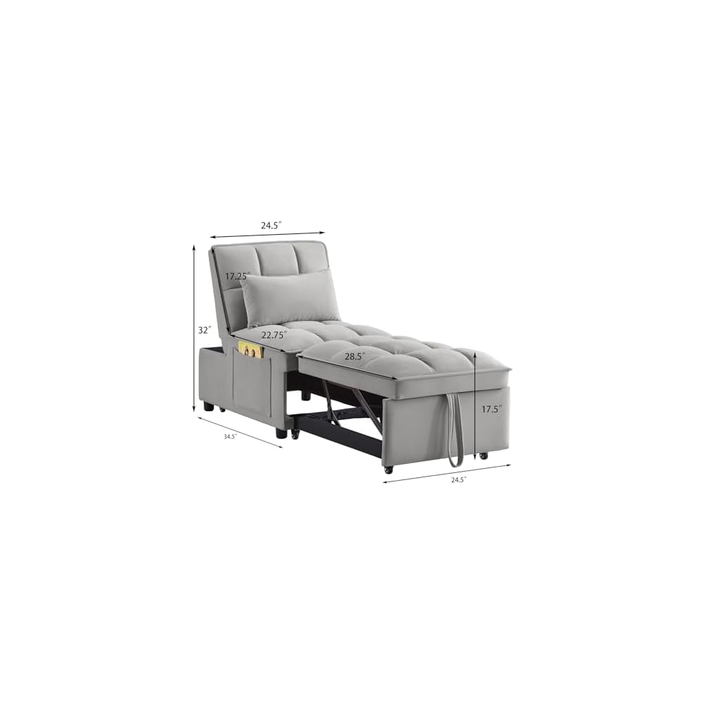 Gray 3 in 1 Convertible Chair Sleeper Bed Single Recliner Hide a beds Chairs for Adults with Pullout Bed Side Pocket Adjustable Backrest and Pillows Velvet Bedroom Foldable Couch