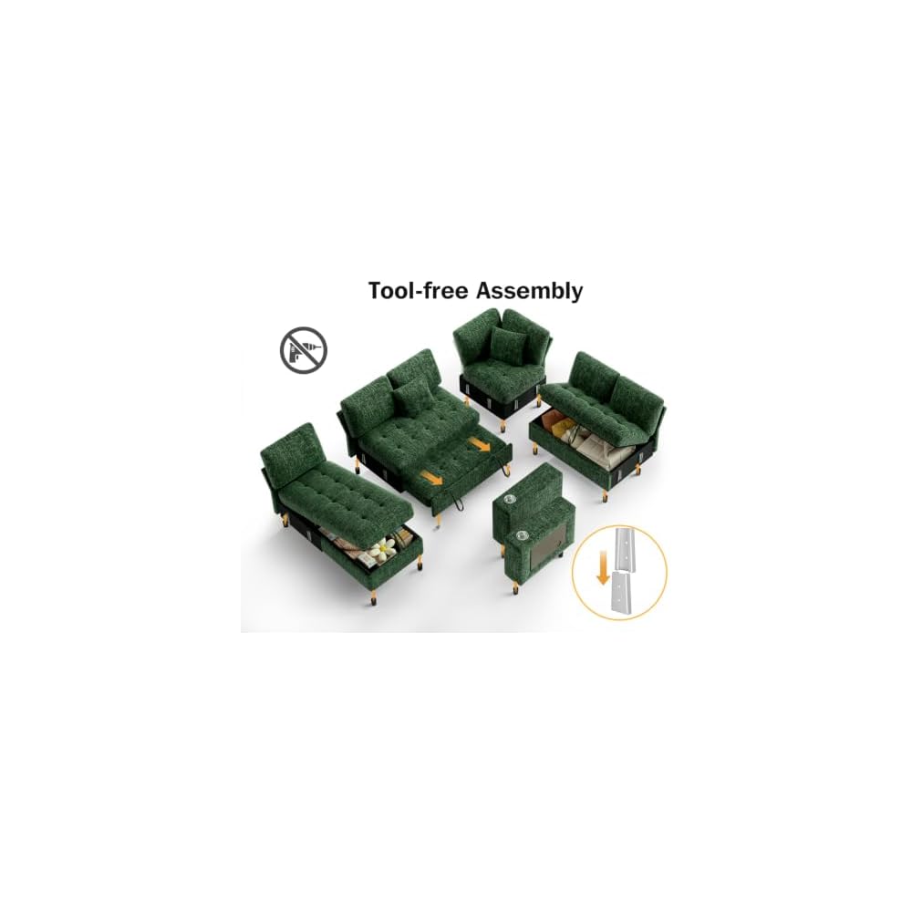 Vipbear 111" Modular Sectional Sleeper Sofa with Pull Out Bed, 7 Seat Chenille L Shaped Couch with Storage Chaise|USB Ports|Cup Holders|Side Table|LED Light, Tool Free Assembly, Green