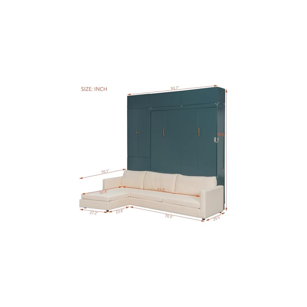 Merax Murphy Bed Wall Bed with Sofa and Shelves, Queen Size, Green Panel, Beige Sofa