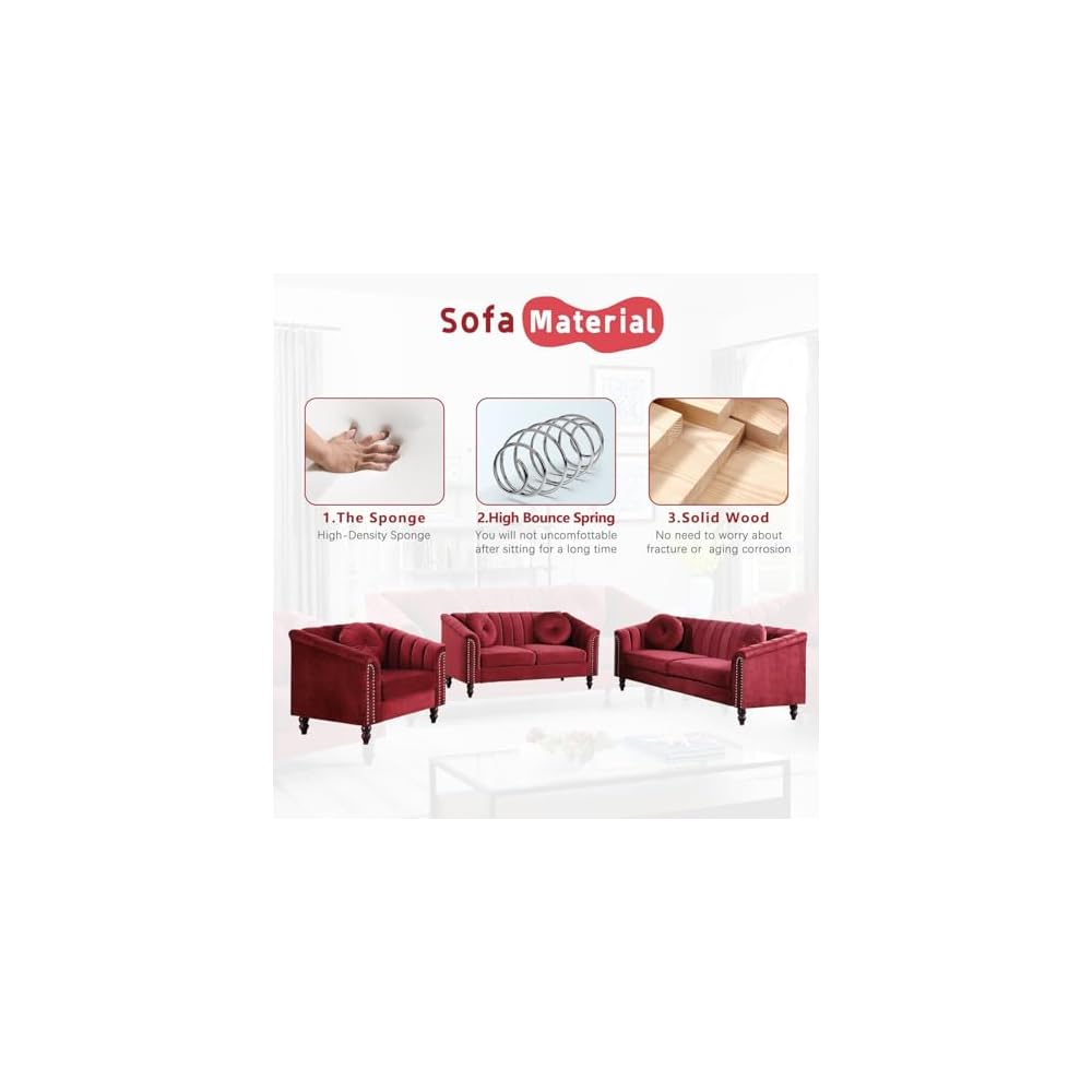 60" Loveseat Sofa, Microfiber Chesterfield Upholstered Sofas Love Seat, Couch Chair Sets with Style Button Tufted, Scroll Arms and Nailhead for Living Room, Office, Apartment-Red