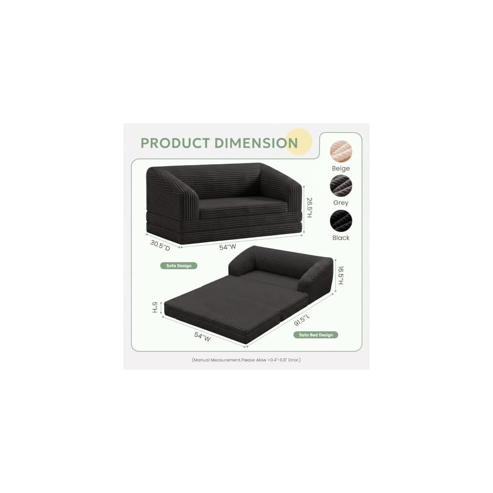 Convertible Sofa Bed, Boneless Loveseat Sleeper Folding Couch Bed with Backrest, 2 in 1 Bean Bag Chair to Floor Sofa Lounger, Comfy Fold Out Couch for Bedroom & Living Room, Black