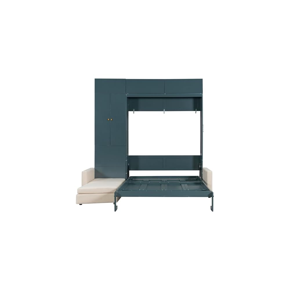 Merax Murphy Bed Wall Bed with Sofa and Shelves, Queen Size, Green Panel, Beige Sofa
