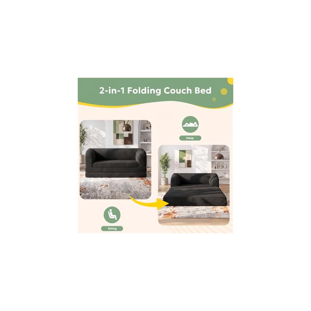 Convertible Sofa Bed, Boneless Loveseat Sleeper Folding Couch Bed with Backrest, 2 in 1 Bean Bag Chair to Floor Sofa Lounger, Comfy Fold Out Couch for Bedroom & Living Room, Black