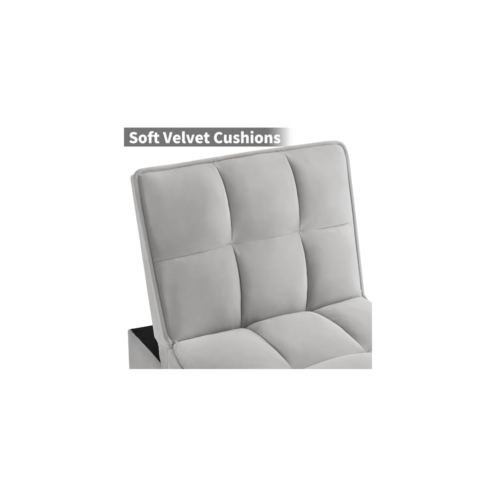 Gray 3 in 1 Convertible Chair Sleeper Bed Single Recliner Hide a beds Chairs for Adults with Pullout Bed Side Pocket Adjustable Backrest and Pillows Velvet Bedroom Foldable Couch