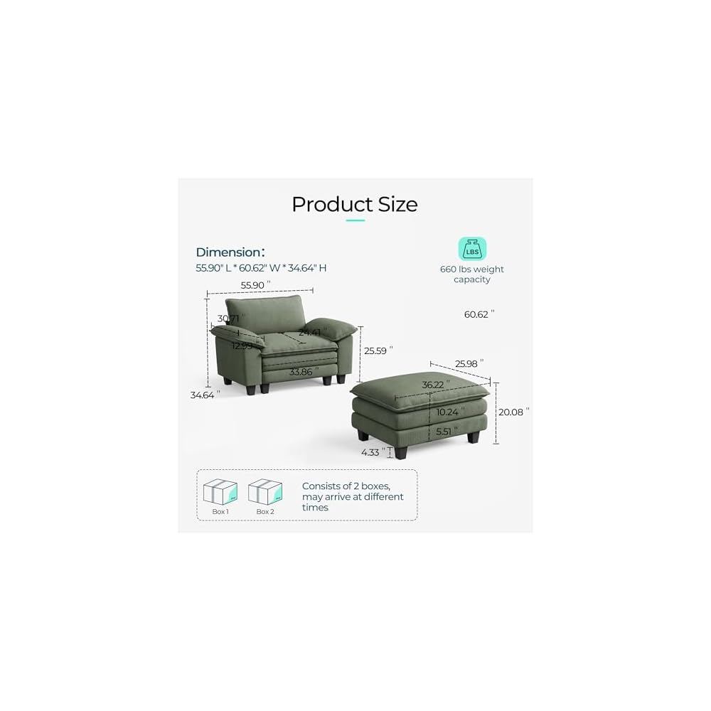 LINSY HOME Cloud Sofa Accent Chair with Ottoman Chaise Lounge Chair Indoor, Corduroy Couch Sofa Chair for Living Room Apartment Bedroom Office, Green