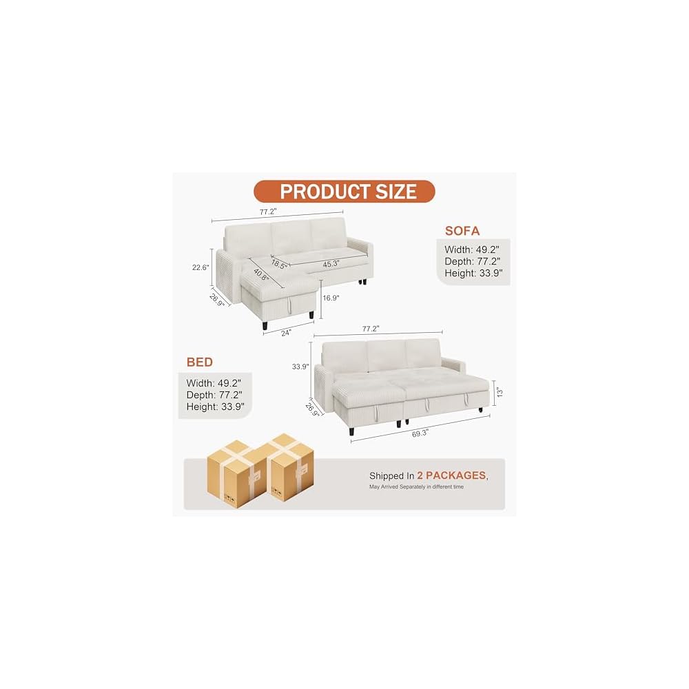 Vongrasig Convertible Sleeper Sofa, Pull Out Couch with Storage, 77" L-Shaped Sofa Bed with Storage Chaise Corduroy Fabric for Living Room, Apartment, Small Space, White