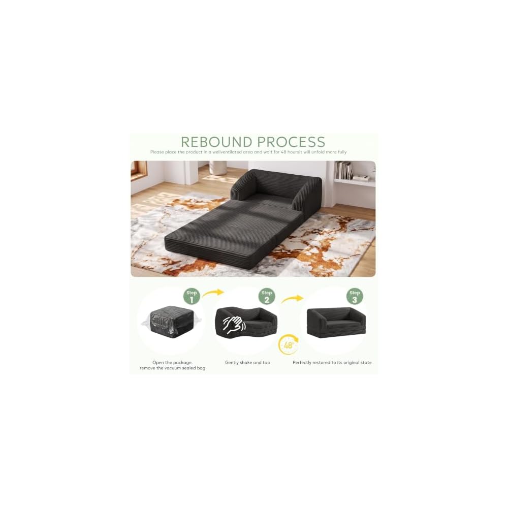 Convertible Sofa Bed, Boneless Loveseat Sleeper Folding Couch Bed with Backrest, 2 in 1 Bean Bag Chair to Floor Sofa Lounger, Comfy Fold Out Couch for Bedroom & Living Room, Black