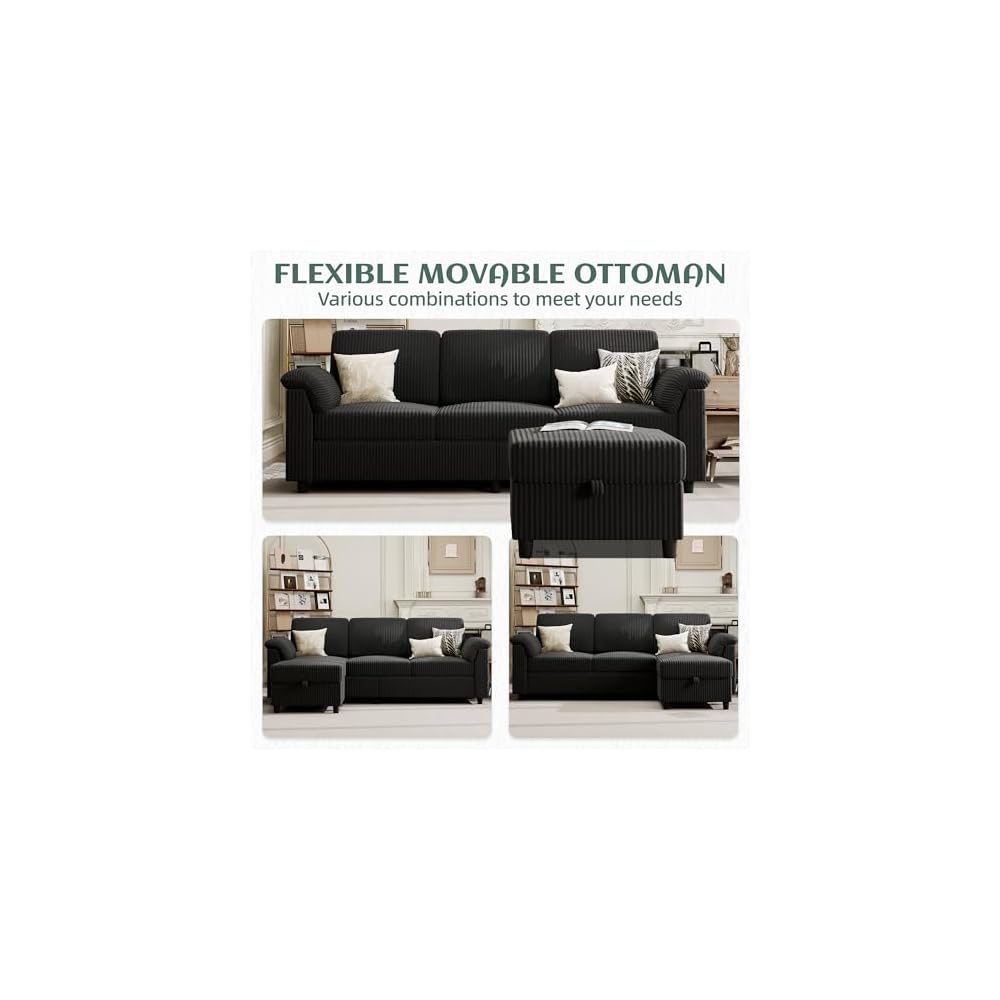 Vongrasig 79" Convertible Sectional Couches Sofa with Storage Ottoman, 3 Seat L Shaped Couch with Side Storage Pockage, Small Couches for Living Room, Apartment and Small Space, Black