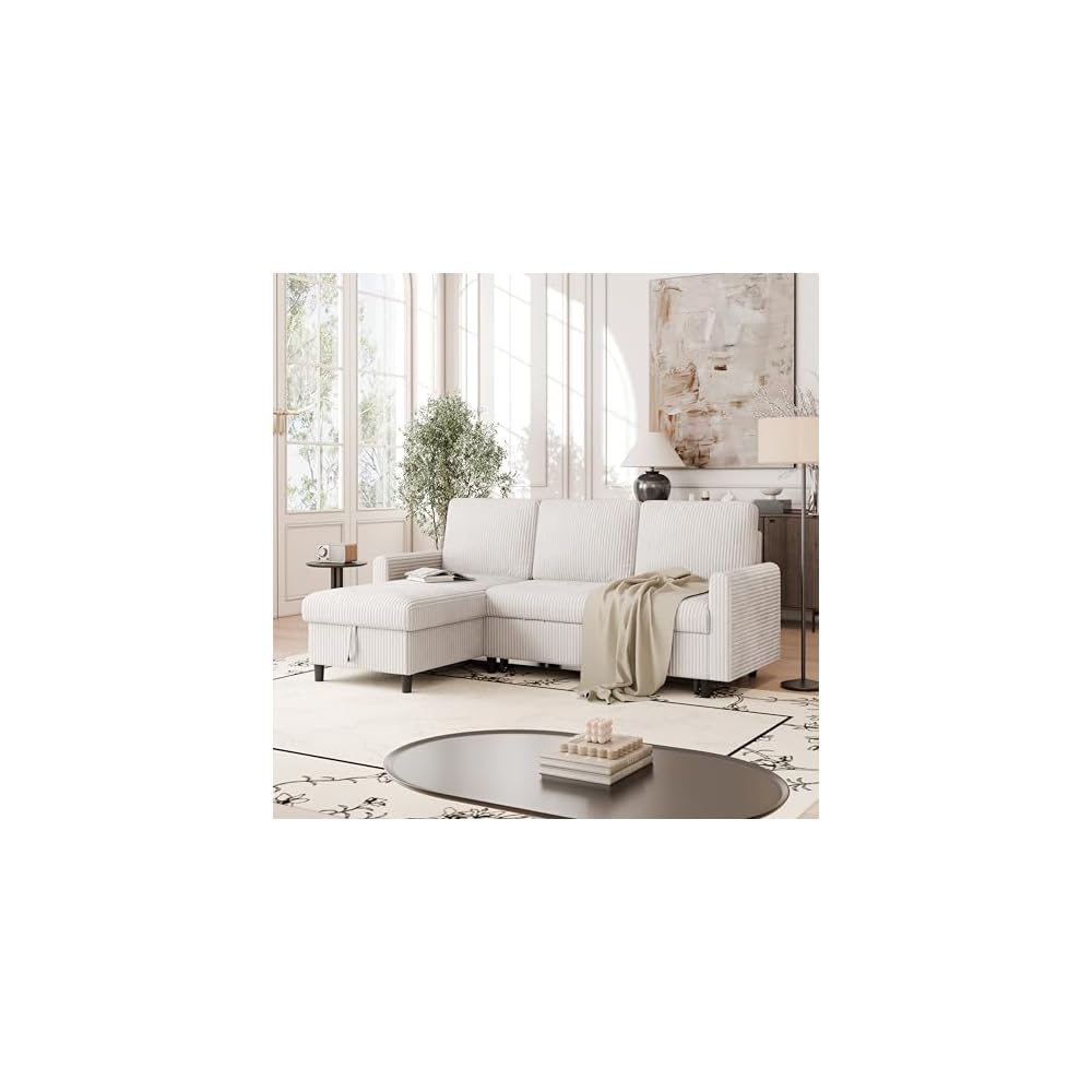 Vongrasig Convertible Sleeper Sofa, Pull Out Couch with Storage, 77" L-Shaped Sofa Bed with Storage Chaise Corduroy Fabric for Living Room, Apartment, Small Space, White