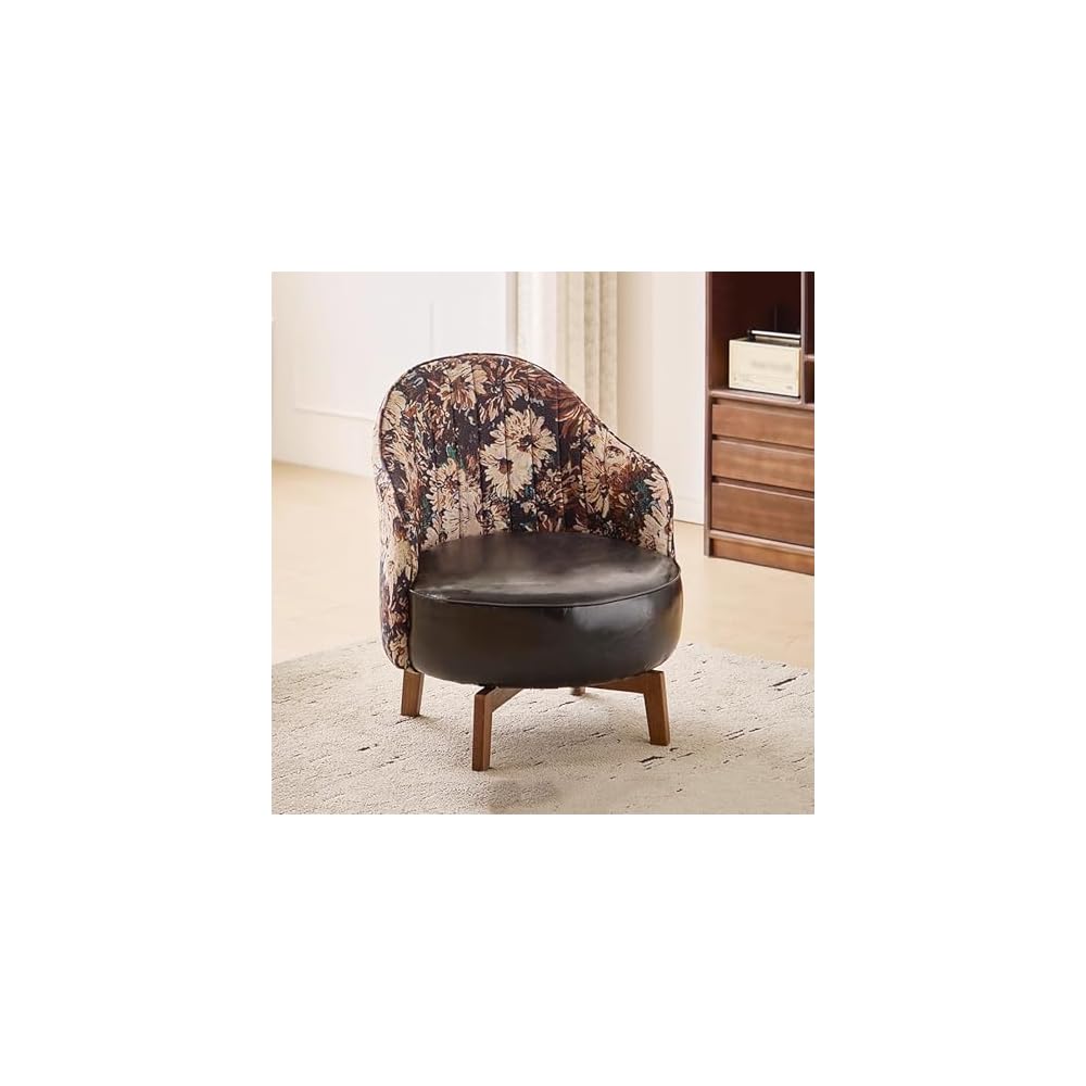 Swivel Foot Rest Stool with Solid Wood Legs, Faux Leather Single Sofa Chair Upholstered Comfortable Low-Back Stool for Living Room, Bedroom, or Reading Nook(53x57x72cm(21x22x28), Brown)