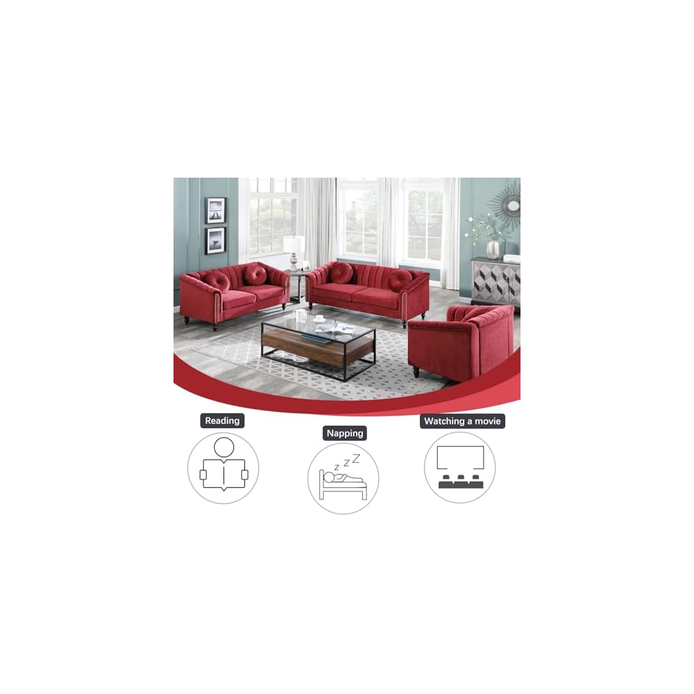 60" Loveseat Sofa, Microfiber Chesterfield Upholstered Sofas Love Seat, Couch Chair Sets with Style Button Tufted, Scroll Arms and Nailhead for Living Room, Office, Apartment-Red
