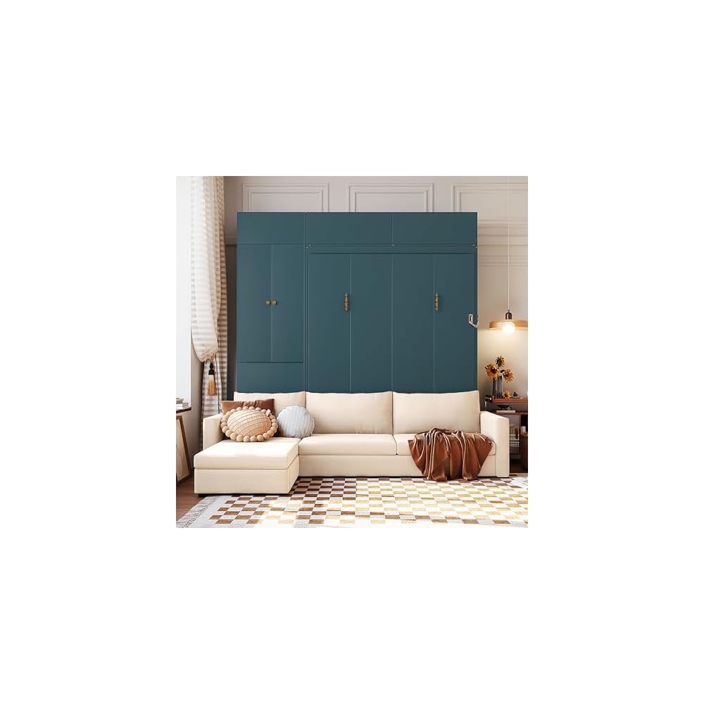 Merax Murphy Bed Wall Bed with Sofa and Shelves, Queen Size, Green Panel, Beige Sofa
