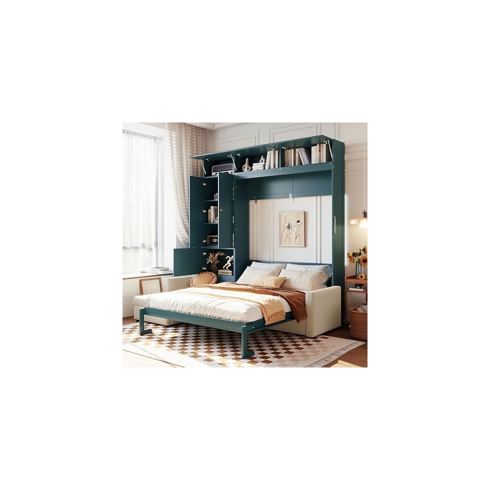 Merax Murphy Bed Wall Bed with Sofa and Shelves, Queen Size, Green Panel, Beige Sofa