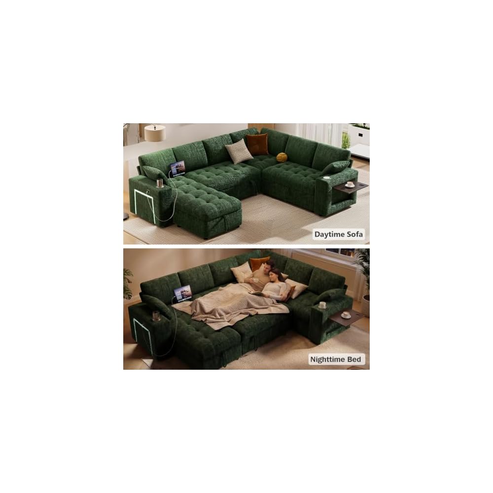 Vipbear 111" Modular Sectional Sleeper Sofa with Pull Out Bed, 7 Seat Chenille L Shaped Couch with Storage Chaise|USB Ports|Cup Holders|Side Table|LED Light, Tool Free Assembly, Green
