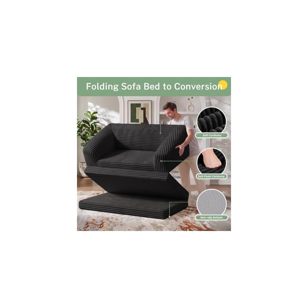 Convertible Sofa Bed, Boneless Loveseat Sleeper Folding Couch Bed with Backrest, 2 in 1 Bean Bag Chair to Floor Sofa Lounger, Comfy Fold Out Couch for Bedroom & Living Room, Black