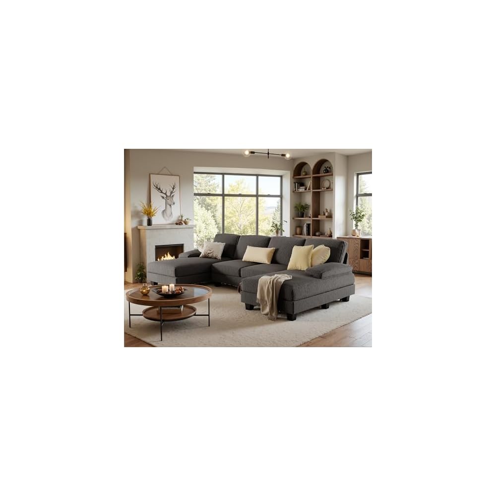 Furniwell Convertible Sectional Sofa Couch, 4 Seat Sofa Set for Living Room U-Shaped Modern Fabric Modular Sofa Sleeper with Double Chaise & Memory Foam (Corduroy, Deep Grey)