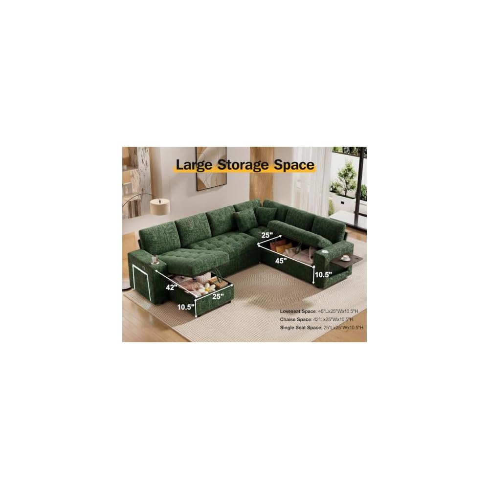Vipbear 111" Modular Sectional Sleeper Sofa with Pull Out Bed, 7 Seat Chenille L Shaped Couch with Storage Chaise|USB Ports|Cup Holders|Side Table|LED Light, Tool Free Assembly, Green
