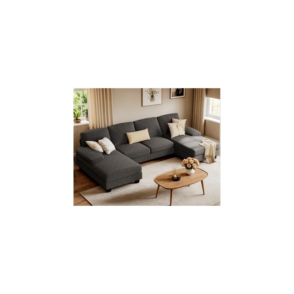 Furniwell Convertible Sectional Sofa Couch, 4 Seat Sofa Set for Living Room U-Shaped Modern Fabric Modular Sofa Sleeper with Double Chaise & Memory Foam (Corduroy, Deep Grey)