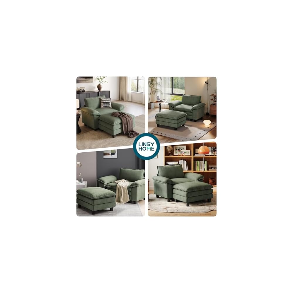 LINSY HOME Cloud Sofa Accent Chair with Ottoman Chaise Lounge Chair Indoor, Corduroy Couch Sofa Chair for Living Room Apartment Bedroom Office, Green