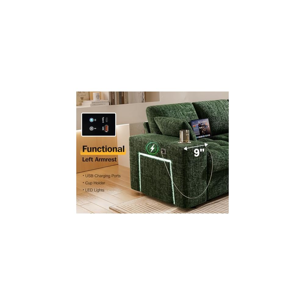 Vipbear 111" Modular Sectional Sleeper Sofa with Pull Out Bed, 7 Seat Chenille L Shaped Couch with Storage Chaise|USB Ports|Cup Holders|Side Table|LED Light, Tool Free Assembly, Green