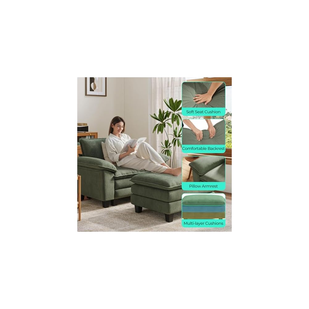 LINSY HOME Cloud Sofa Accent Chair with Ottoman Chaise Lounge Chair Indoor, Corduroy Couch Sofa Chair for Living Room Apartment Bedroom Office, Green