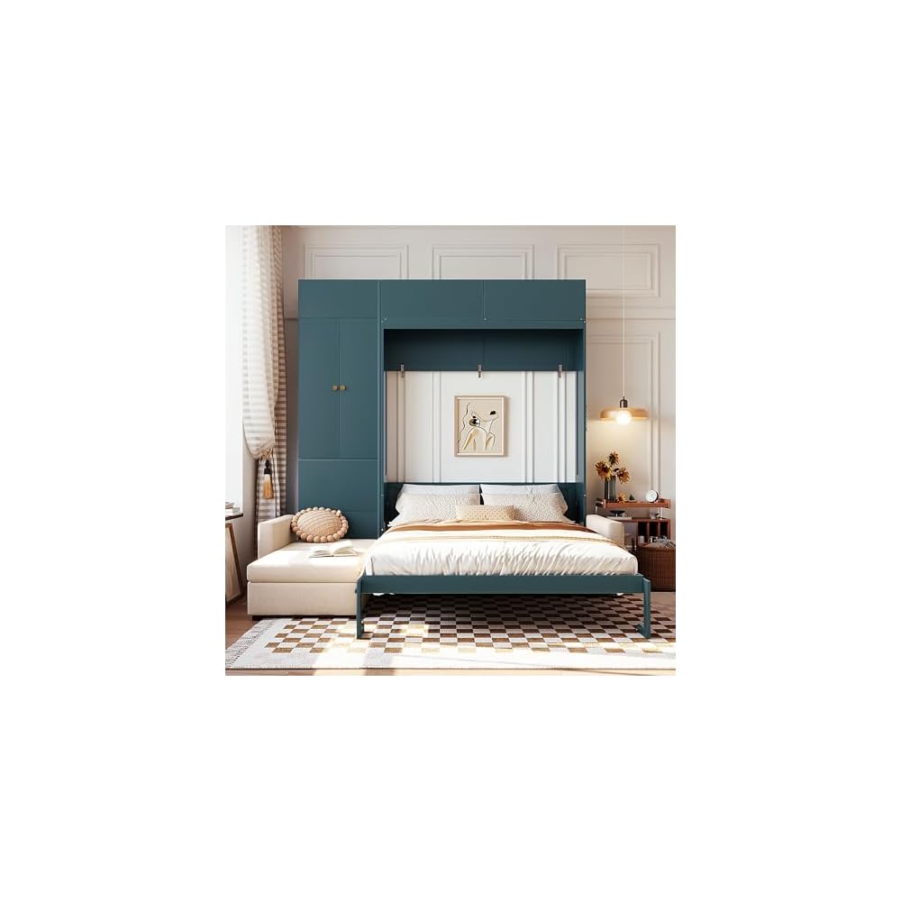 Merax Murphy Bed Wall Bed with Sofa and Shelves, Queen Size, Green Panel, Beige Sofa