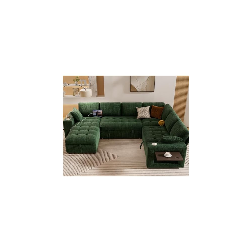 Vipbear 111" Modular Sectional Sleeper Sofa with Pull Out Bed, 7 Seat Chenille L Shaped Couch with Storage Chaise|USB Ports|Cup Holders|Side Table|LED Light, Tool Free Assembly, Green