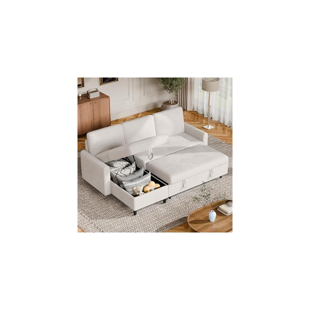 Vongrasig Convertible Sleeper Sofa, Pull Out Couch with Storage, 77" L-Shaped Sofa Bed with Storage Chaise Corduroy Fabric for Living Room, Apartment, Small Space, White