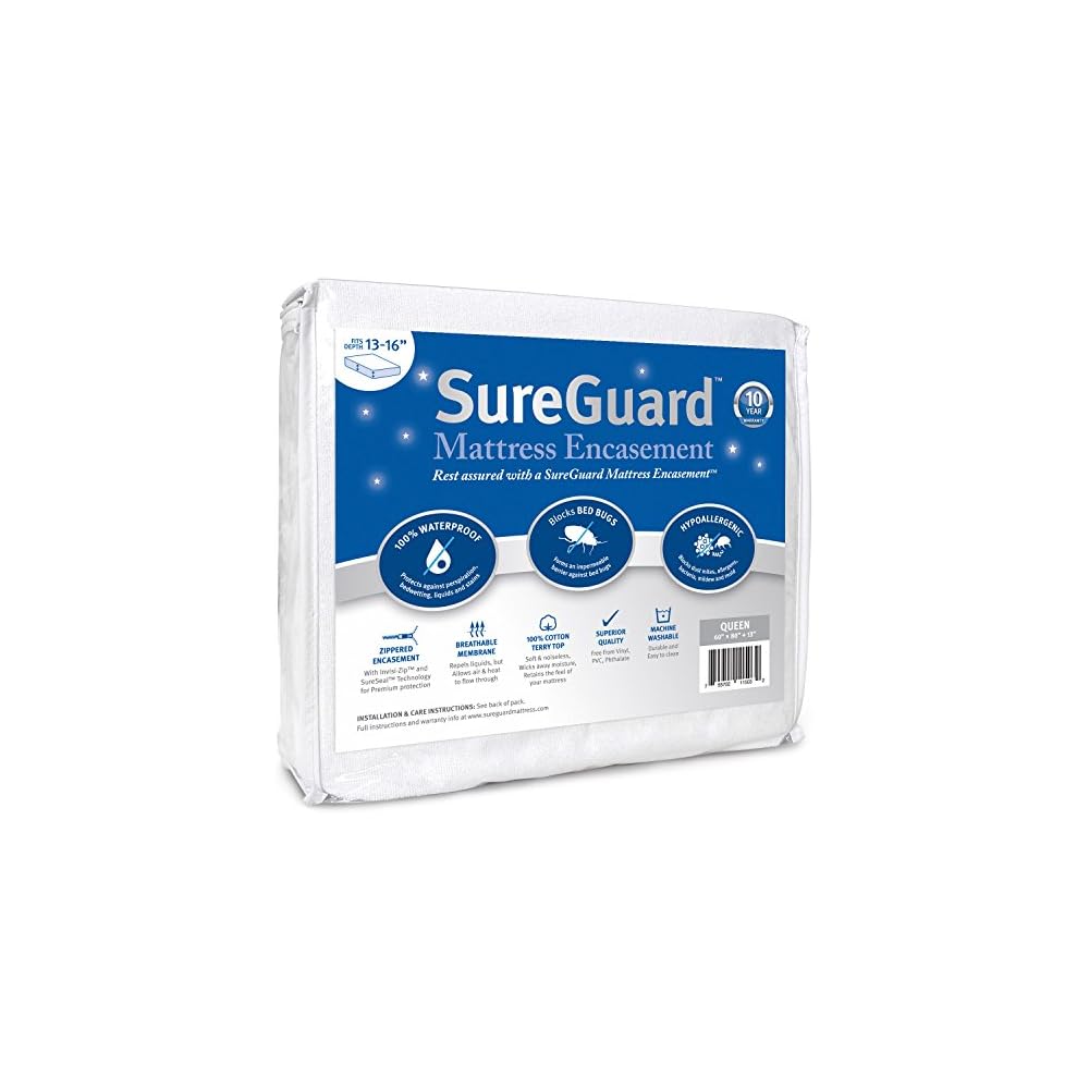 Queen (13-16 in. Deep) SureGuard Mattress Encasement - 100% Waterproof, Bed Bug Proof, Hypoallergenic - Premium Zippered Six-Sided Cover