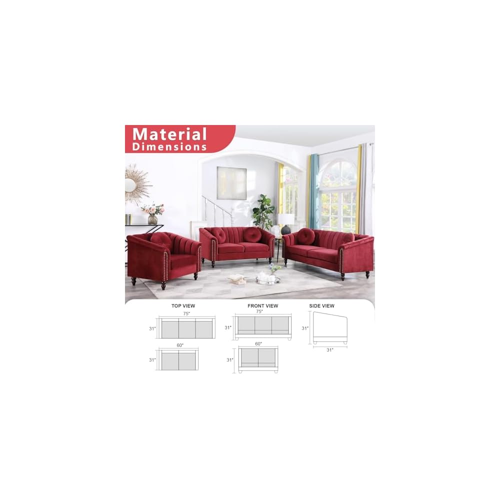 60" Loveseat Sofa, Microfiber Chesterfield Upholstered Sofas Love Seat, Couch Chair Sets with Style Button Tufted, Scroll Arms and Nailhead for Living Room, Office, Apartment-Red