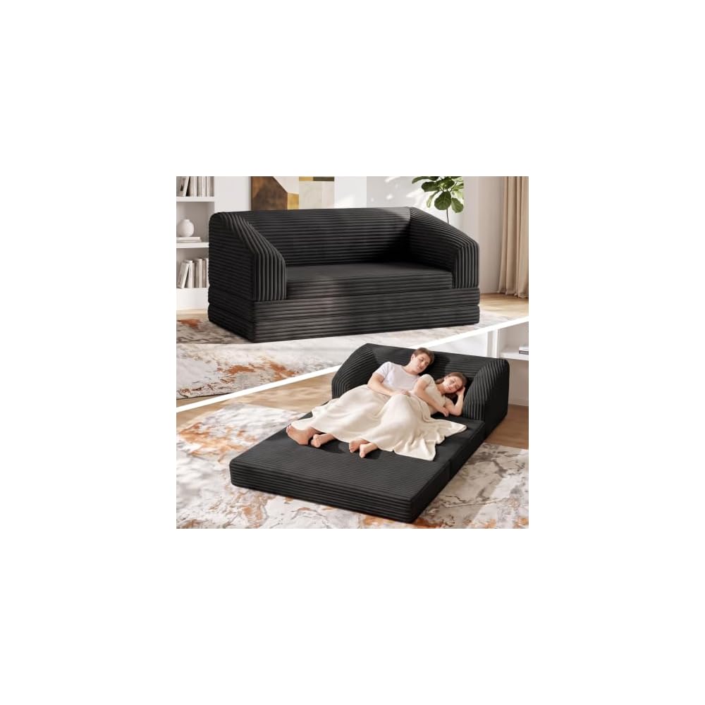 Convertible Sofa Bed, Boneless Loveseat Sleeper Folding Couch Bed with Backrest, 2 in 1 Bean Bag Chair to Floor Sofa Lounger, Comfy Fold Out Couch for Bedroom & Living Room, Black