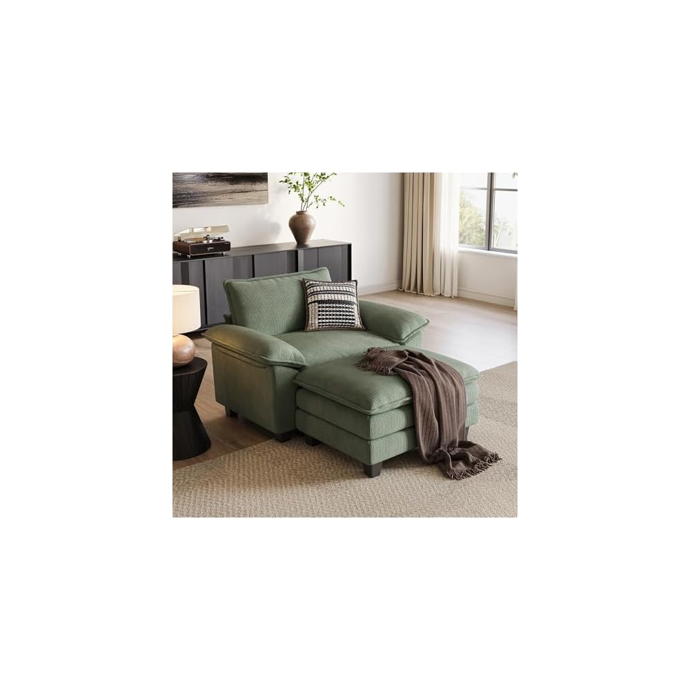 LINSY HOME Cloud Sofa Accent Chair with Ottoman Chaise Lounge Chair Indoor, Corduroy Couch Sofa Chair for Living Room Apartment Bedroom Office, Green