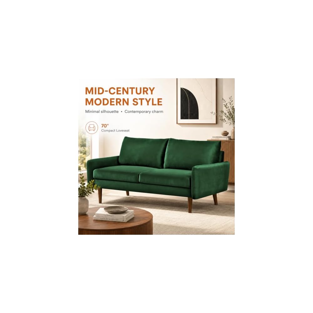 70" Green Velvet Loveseat Sofa for Living Room, Modern Comfy Sofa Couch