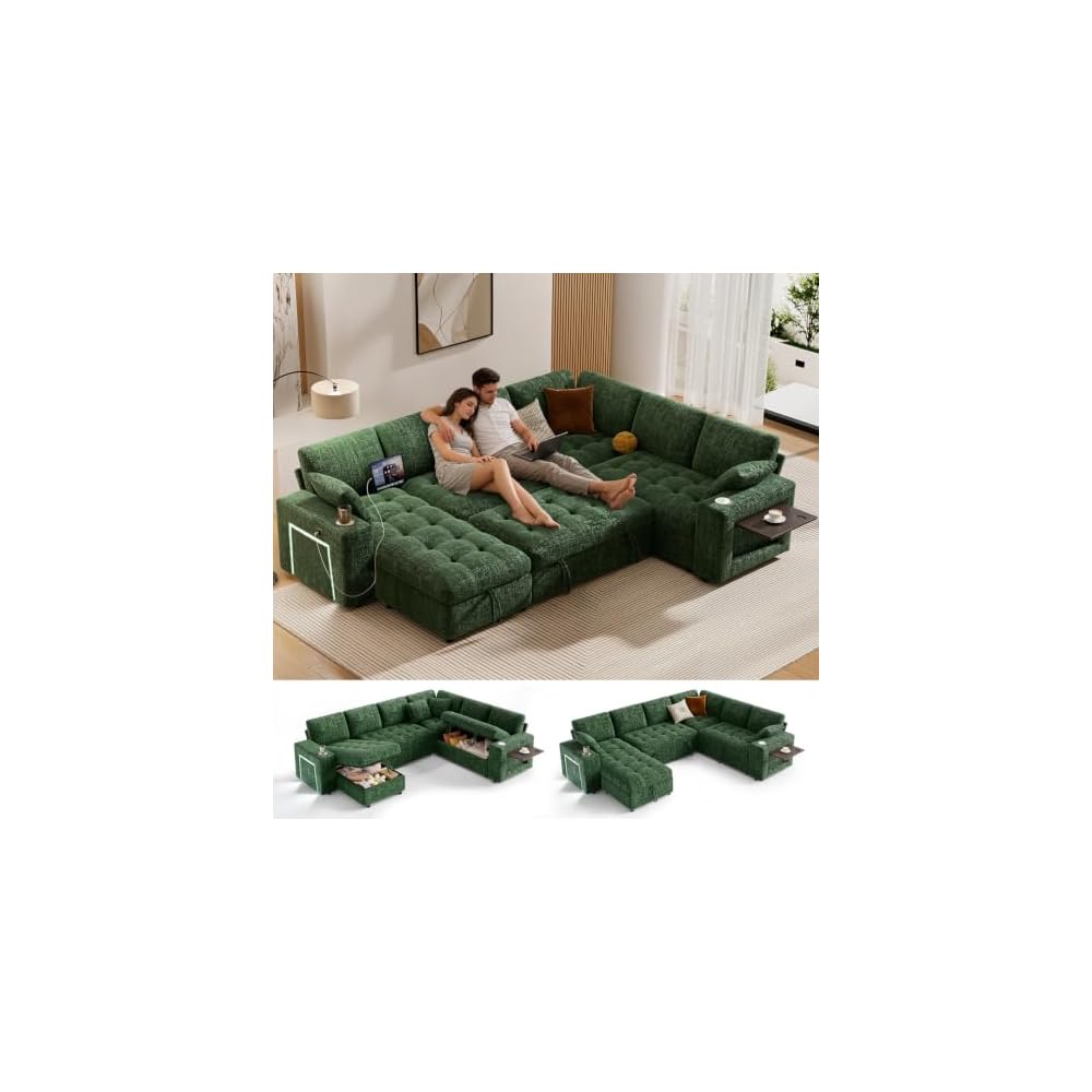 Vipbear 111" Modular Sectional Sleeper Sofa with Pull Out Bed, 7 Seat Chenille L Shaped Couch with Storage Chaise|USB Ports|Cup Holders|Side Table|LED Light, Tool Free Assembly, Green