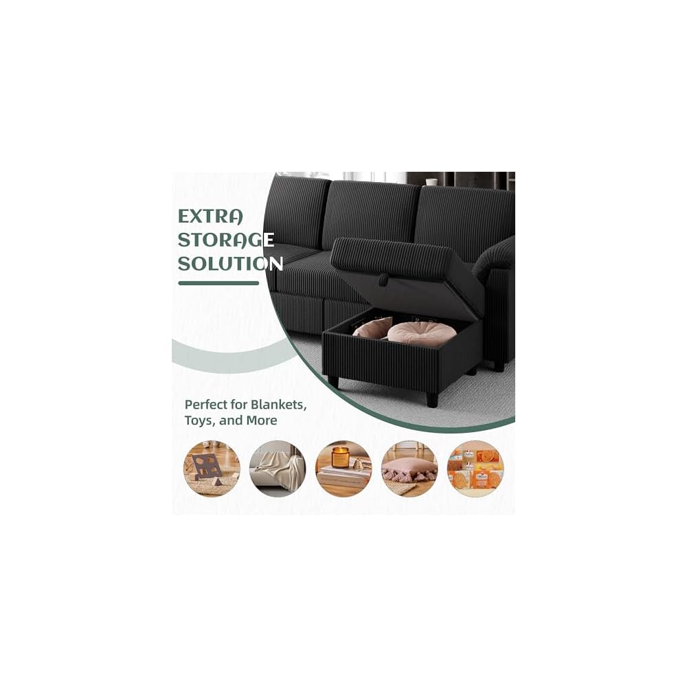 Vongrasig 79" Convertible Sectional Couches Sofa with Storage Ottoman, 3 Seat L Shaped Couch with Side Storage Pockage, Small Couches for Living Room, Apartment and Small Space, Black