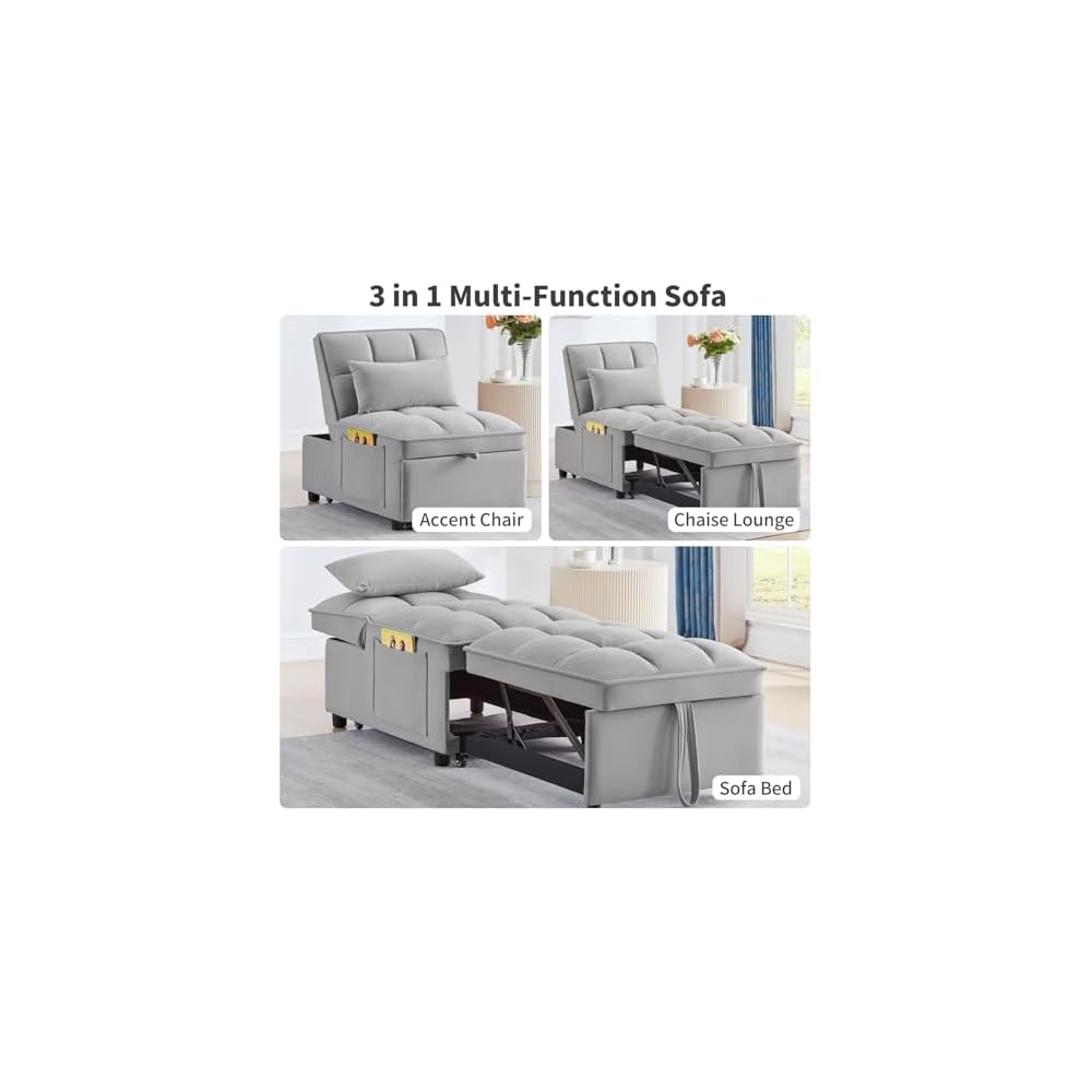 Gray 3 in 1 Convertible Chair Sleeper Bed Single Recliner Hide a beds Chairs for Adults with Pullout Bed Side Pocket Adjustable Backrest and Pillows Velvet Bedroom Foldable Couch