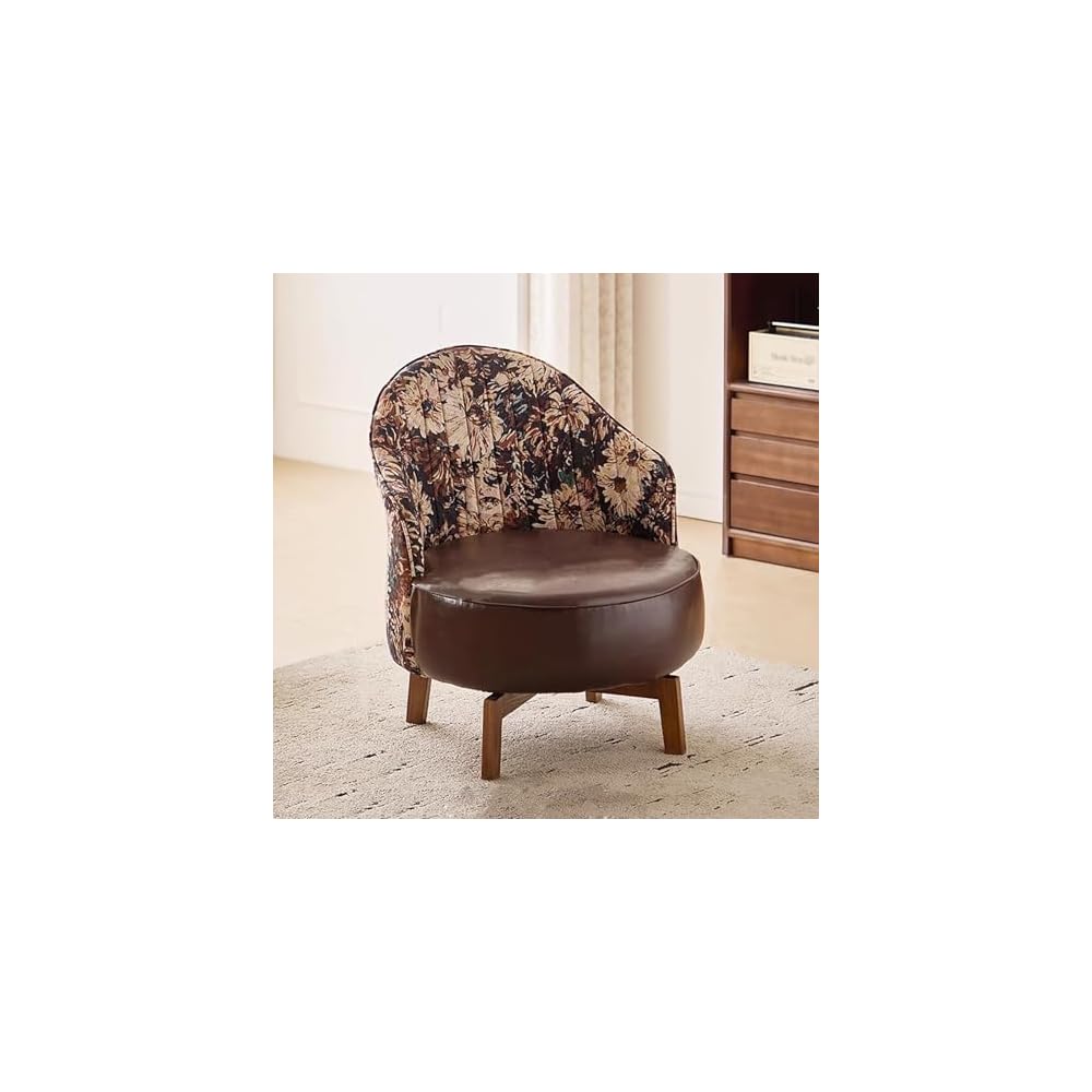 Swivel Foot Rest Stool with Solid Wood Legs, Faux Leather Single Sofa Chair Upholstered Comfortable Low-Back Stool for Living Room, Bedroom, or Reading Nook(53x57x72cm(21x22x28), Brown)