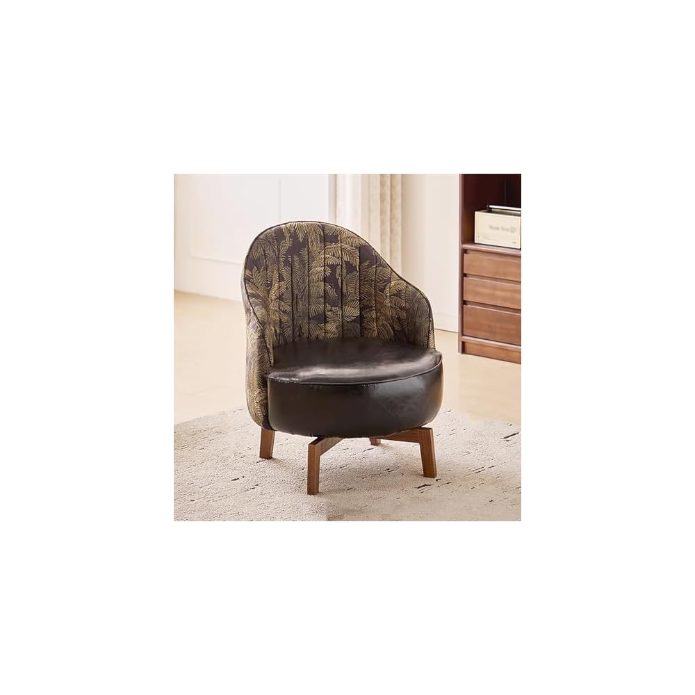 Swivel Foot Rest Stool with Solid Wood Legs, Faux Leather Single Sofa Chair Upholstered Comfortable Low-Back Stool for Living Room, Bedroom, or Reading Nook(53x57x72cm(21x22x28), Brown)