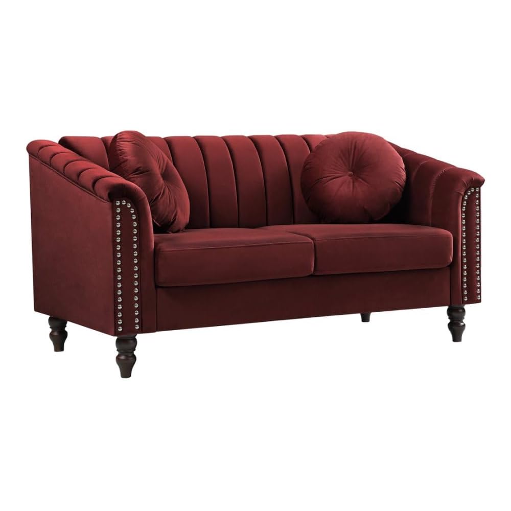 60" Loveseat Sofa, Microfiber Chesterfield Upholstered Sofas Love Seat, Couch Chair Sets with Style Button Tufted, Scroll Arms and Nailhead for Living Room, Office, Apartment-Red