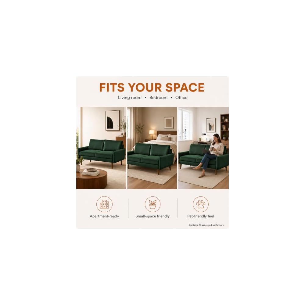 70" Green Velvet Loveseat Sofa for Living Room, Modern Comfy Sofa Couch