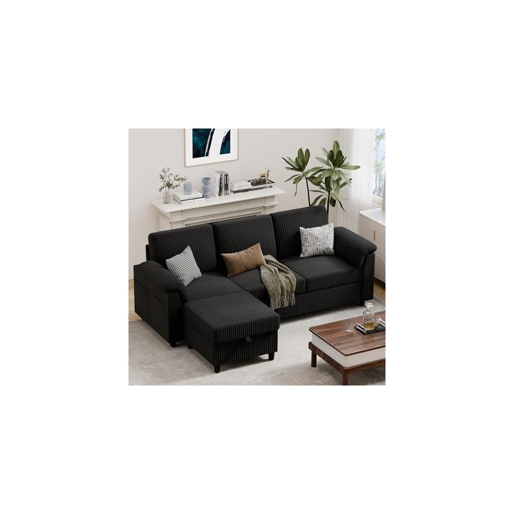 Vongrasig 79" Convertible Sectional Couches Sofa with Storage Ottoman, 3 Seat L Shaped Couch with Side Storage Pockage, Small Couches for Living Room, Apartment and Small Space, Black
