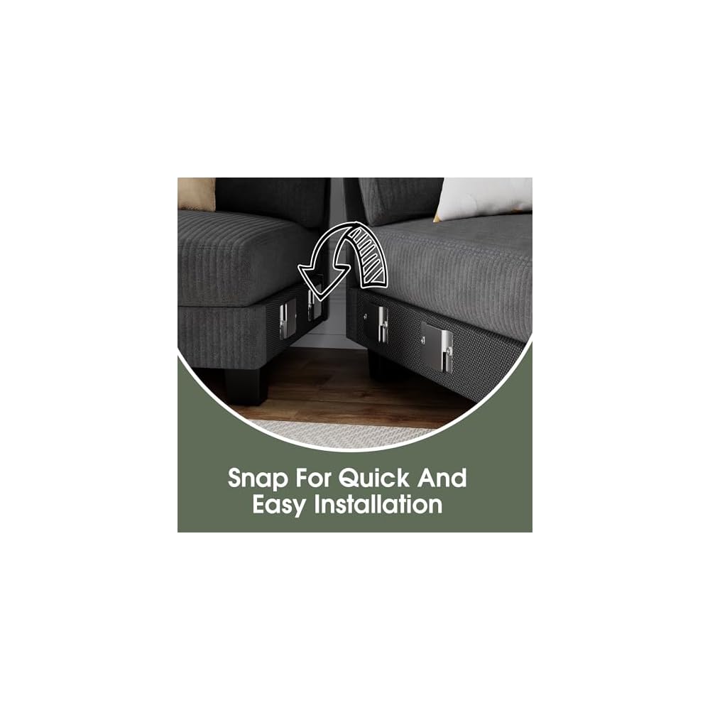 Furniwell Convertible Sectional Sofa Couch, 4 Seat Sofa Set for Living Room U-Shaped Modern Fabric Modular Sofa Sleeper with Double Chaise & Memory Foam (Corduroy, Deep Grey)